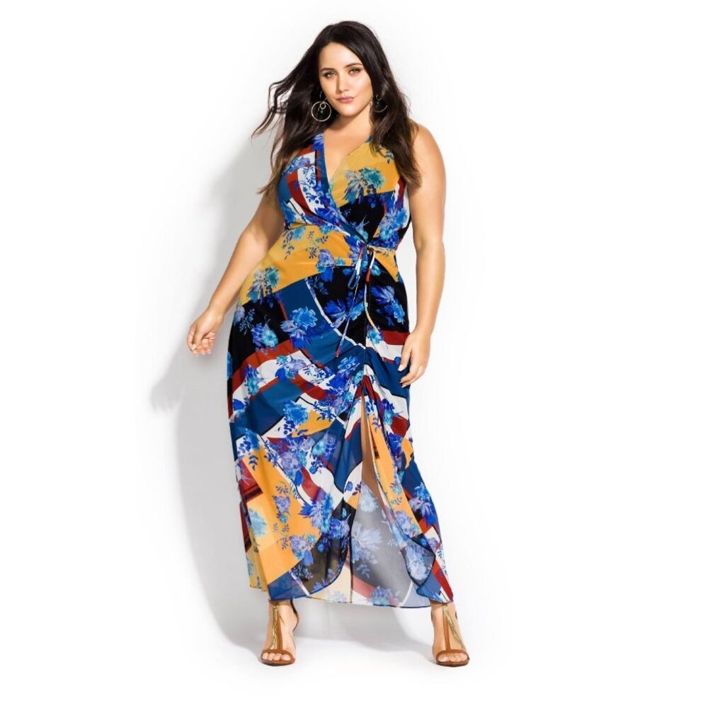 City Chic Striped Floral Chiffon Sleeveless Maxi Dress Size 22 3X Summer Plus Sz